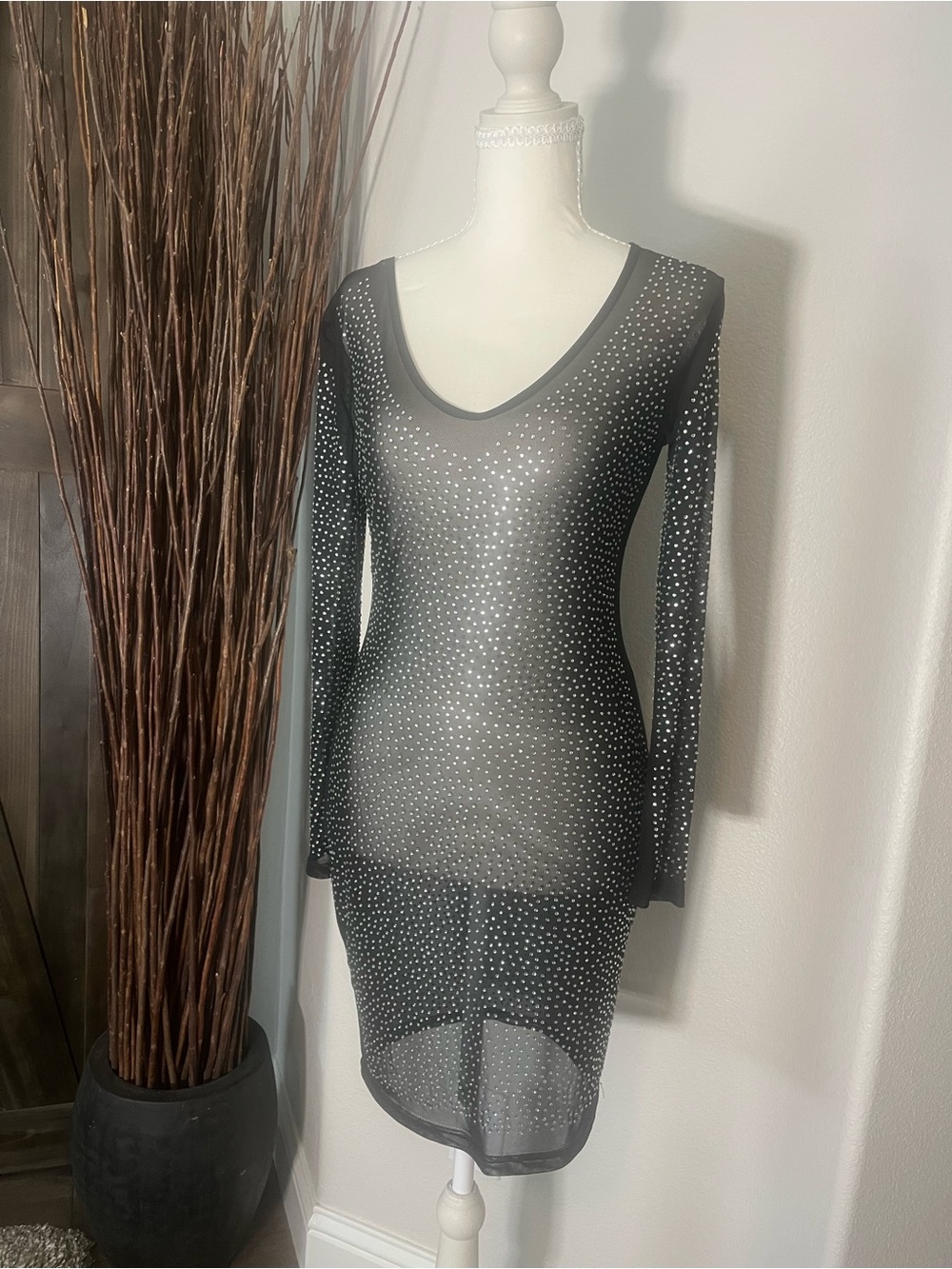 CBR Black Sheer Long-Sleeve Rhinestone Bodycon Dress